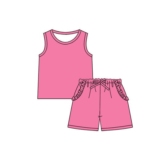 GSSO2342Girls Pink Sleeveless Ruffle Top with Pockets Summer Clothing Set - Casual Outfit with Shorts for Little Fashionistas