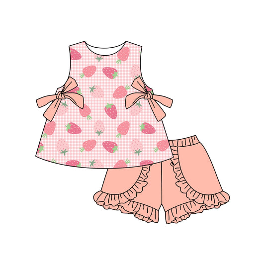 GSSO2343Girls Sleeveless Plaid Strawberry Tunic Short Set Cute Farmhouse Theme Outfit for Kids