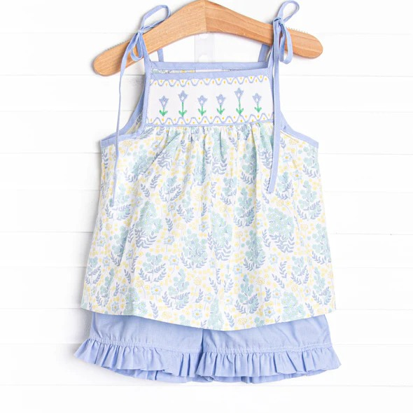 GSSO2344Girls Light Blue Straps Floral Tunic Short Set Cute Summer Outfit for Kids