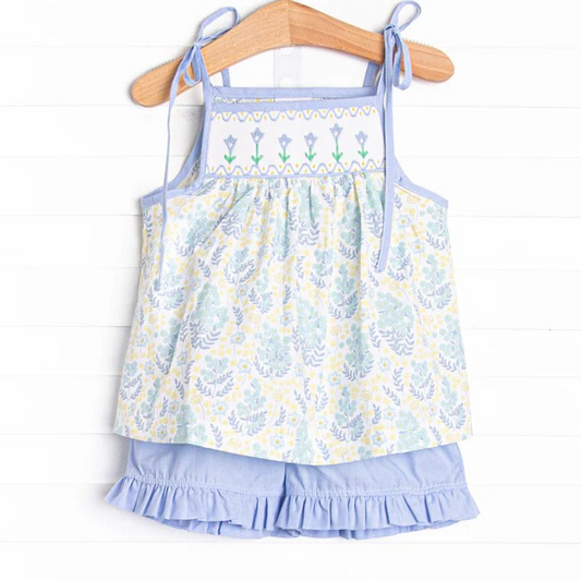 GSSO2344Girls Light Blue Straps Floral Tunic Short Set Cute Summer Outfit for Kids