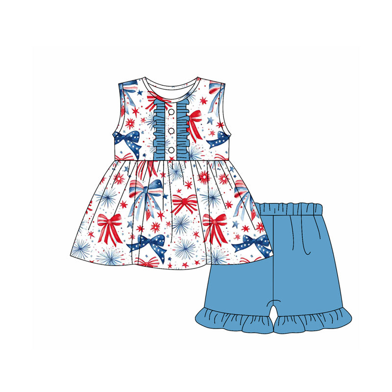 Girls Sleeveless Blue Red Bow Tunic Shorts Outfit for 4th of July Independence Day Celebration