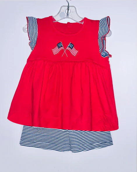 Girls Red White And Blue Stripe Tunic Top with Flag Pattern And Red White And Blue Shorts Outfit Set for 4th of July