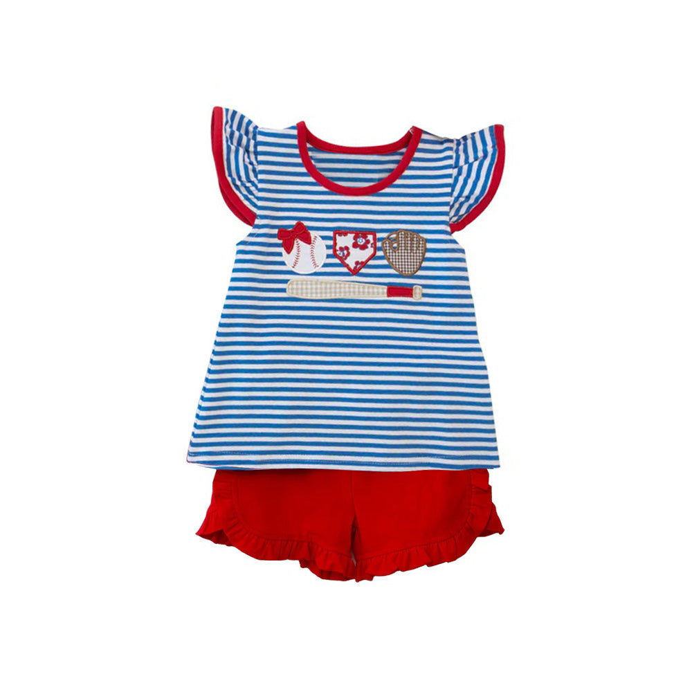 Girls Blue Stripe Baseball Top with Red Ruffle Shorts Outfit Set Casual Comfortable Clothing for Kids
