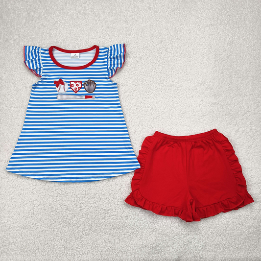 GSSO2348 RTS NO MOQ Baby Girls Summer Outfits  Blue stripe baseball top red ruffle shorts girls clothes