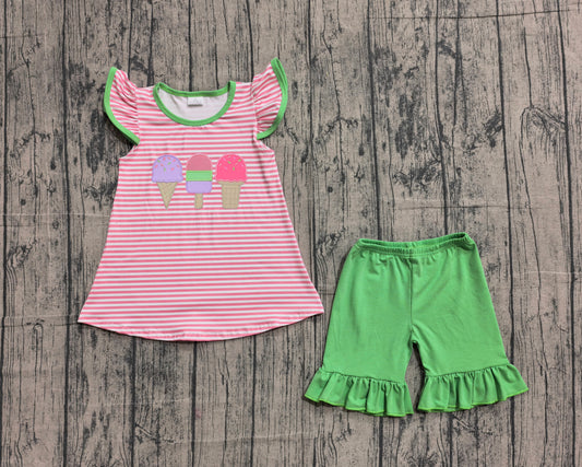 2.2 GSSO2349 Sample No Moq Embroidery Popsicle Baby Girls Pink Stripe Tunic Ruffle Short Set