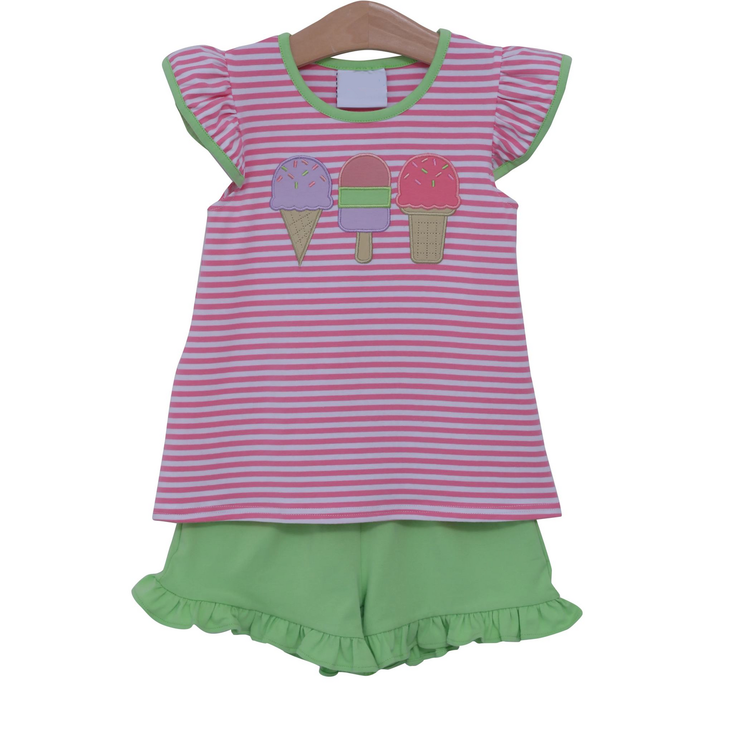 Girls Pink Stripe Popsicle Print Top Green Shorts Summer Outfit Set Children's Clothing Casual Kids' Summer Set