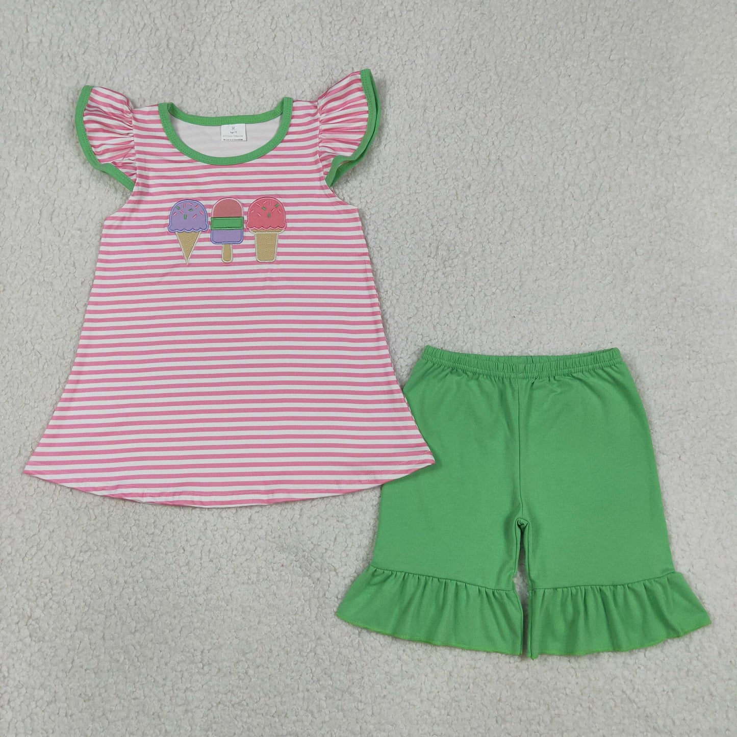 GSSO2349 RTS NO MOQ （In stock ）Pink stripe popsicle top green shorts girls summer clothes