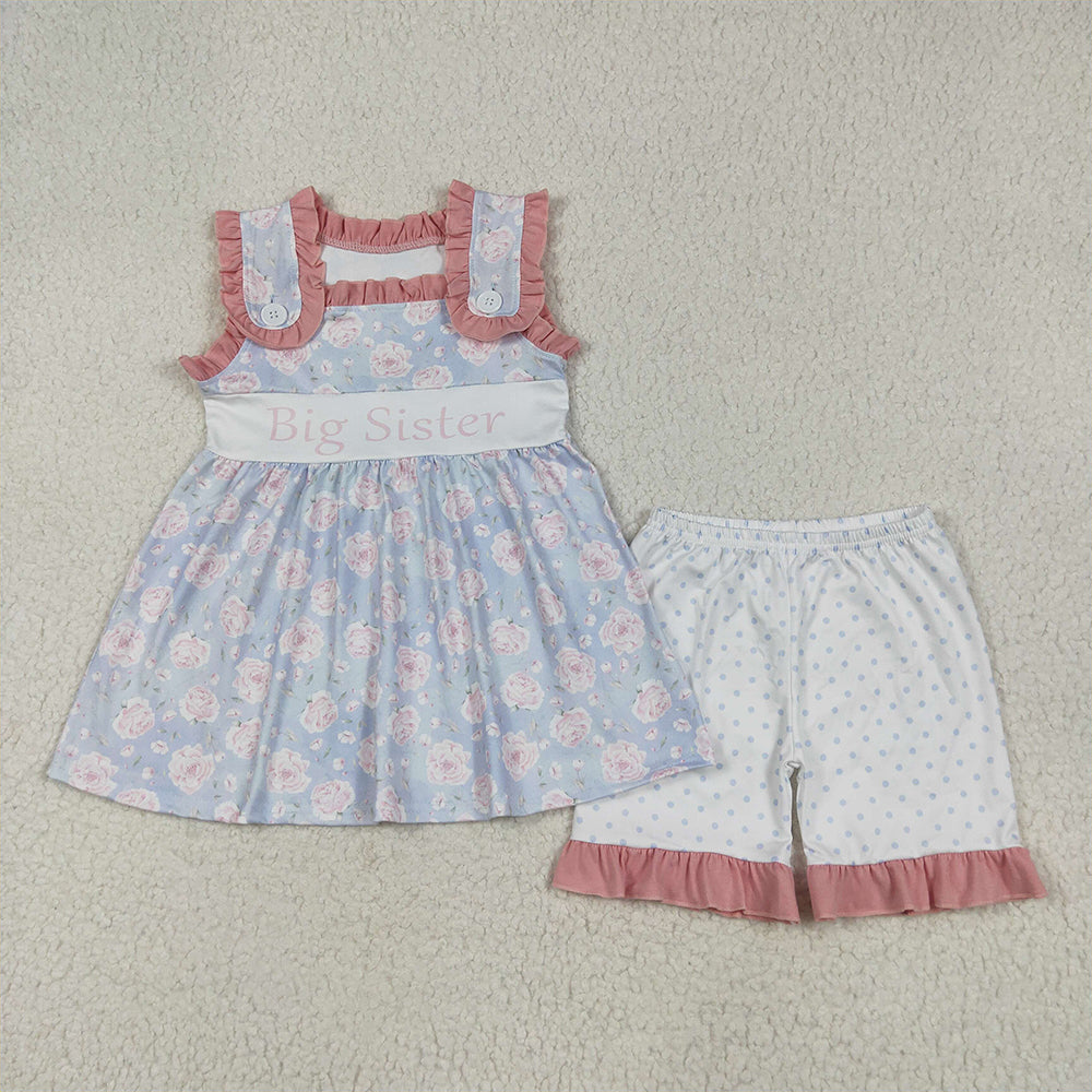 7.10  GSSO2350 RTS NO MOQ Baby Girls Summer Outfits Baby Girls Sleeveless Pink Floral Big Sister Tunic Polka Dots Short Set