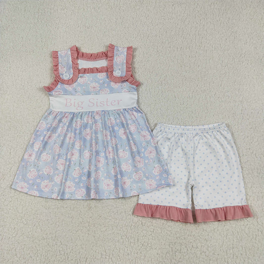7.10  GSSO2350 RTS NO MOQ Baby Girls Summer Outfits Baby Girls Sleeveless Pink Floral Big Sister Tunic Polka Dots Short Set