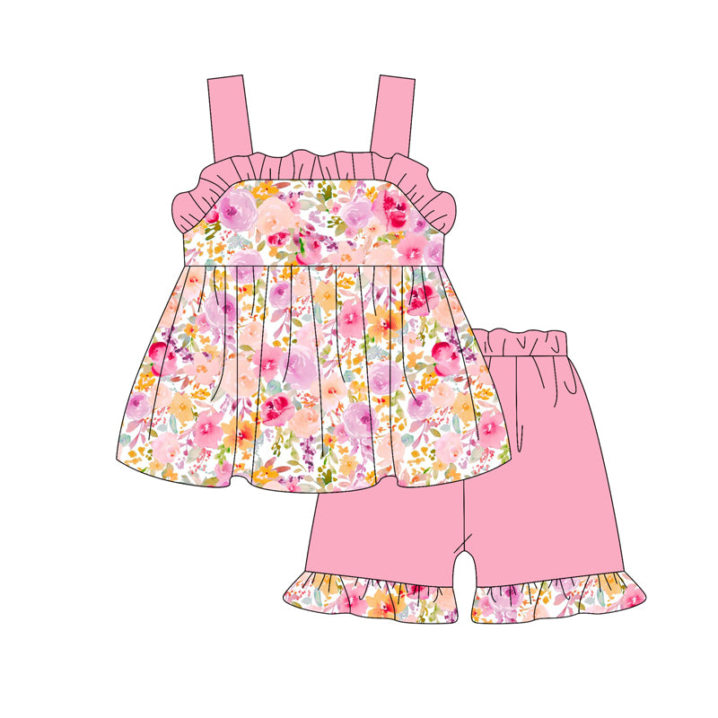 Girls Pink Straps Ruffle Floral Tunic Short Set Cute Clothing Outfit for Little Girls