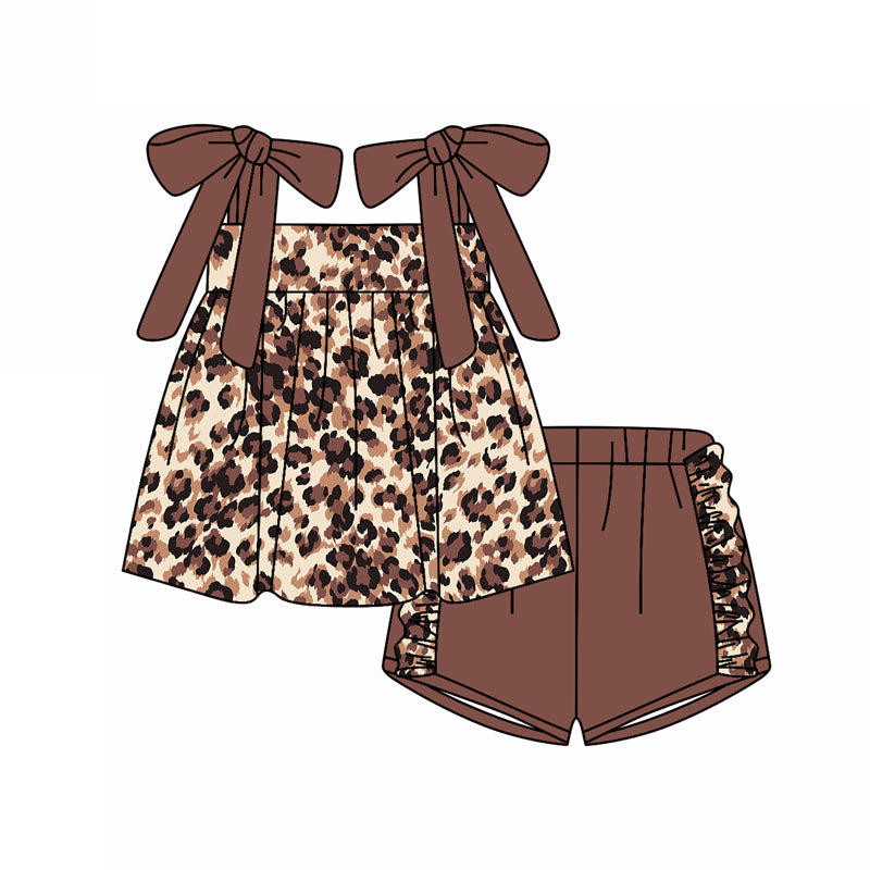 Girls Brown Straps Leopard Tunic Ruffle Shorts Outfit Set - Animal Print Top with Flared Skirt Bottom for Kids