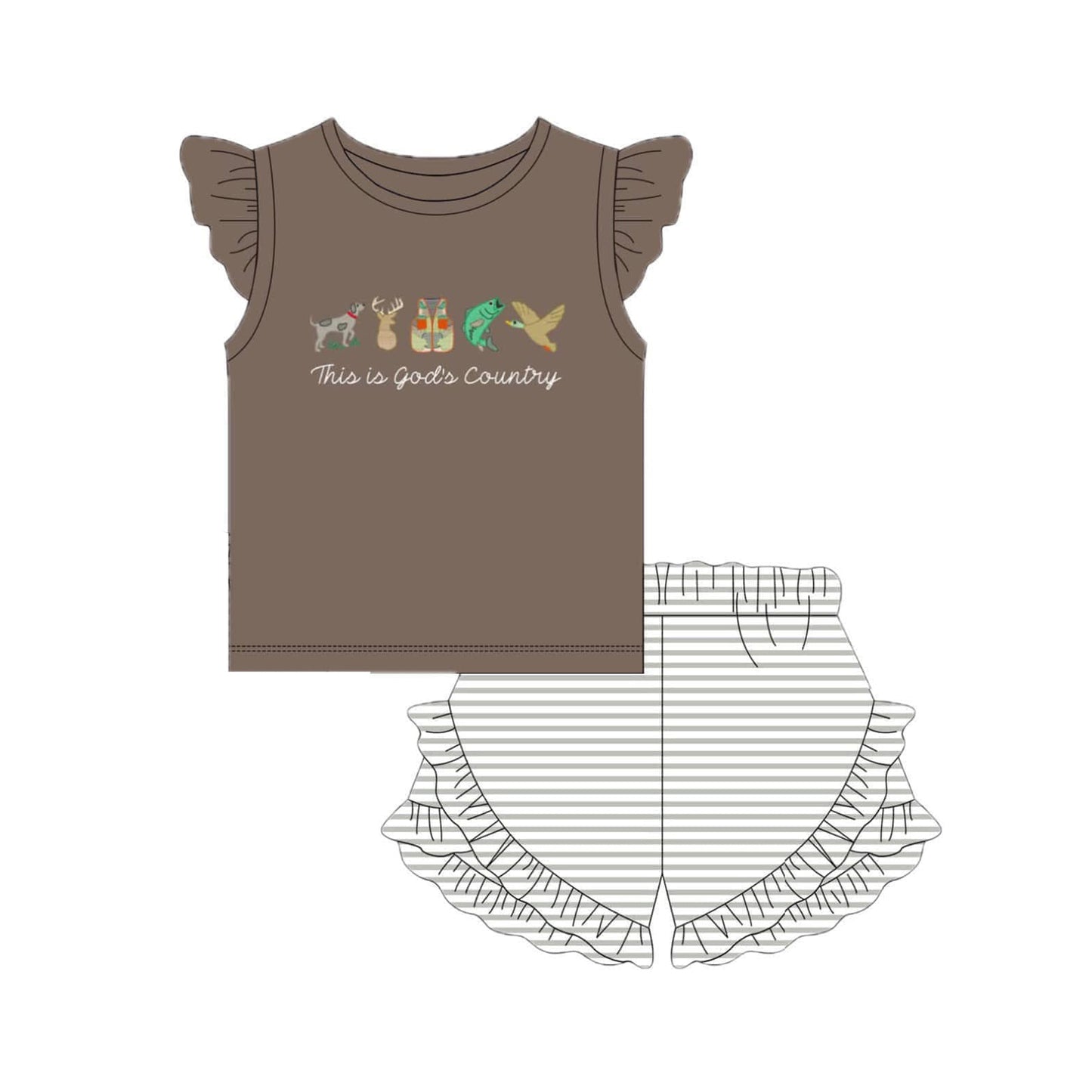 Girls Hunting Top And Stripe Shorts Set 'This Is God's Country' Theme Children's Outfit for Outdoor Activities