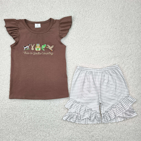 6.09    GSSO2353 RTS NO MOQ Baby Girls Summer Outfits Baby Girls Brown Flutter Sleeves Gods Country Top Ruffle Stripe Short Set