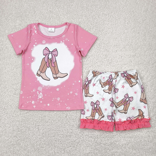 GSSO2354RTS NO MOQ Baby Girls Summer Outfits Girls Pink Bleached Bow Top Ruffle Shorts Set Cute Casual Outfit for Kids