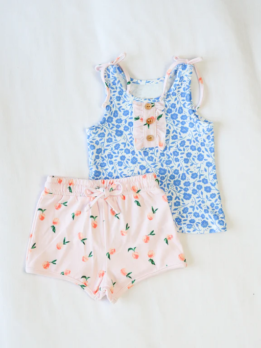 GSSO2355Girls Sleeveless Blue Floral Top Peach Shorts Set Cute Summer Clothing Outfit for Kids