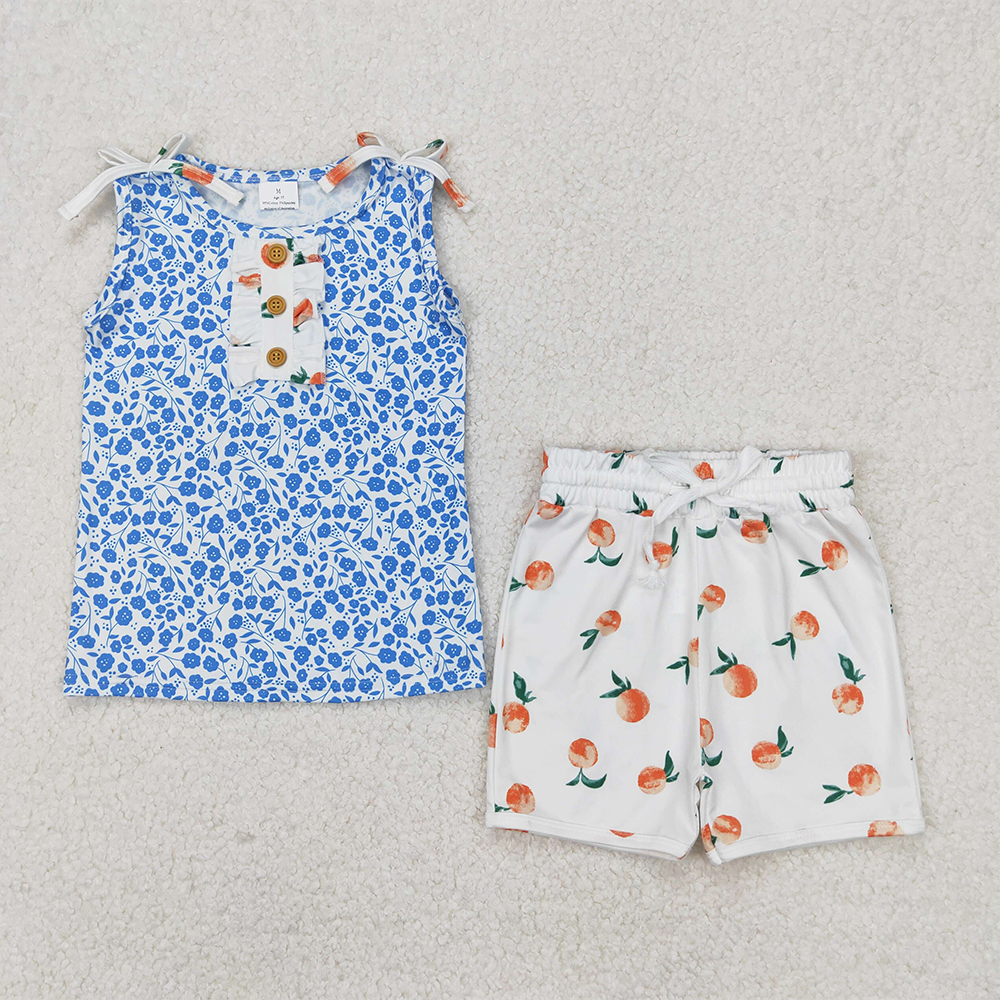 4.17 GSSO2355 RTS NO MOQ Sleeveless blue floral top peach shorts girls clothing set