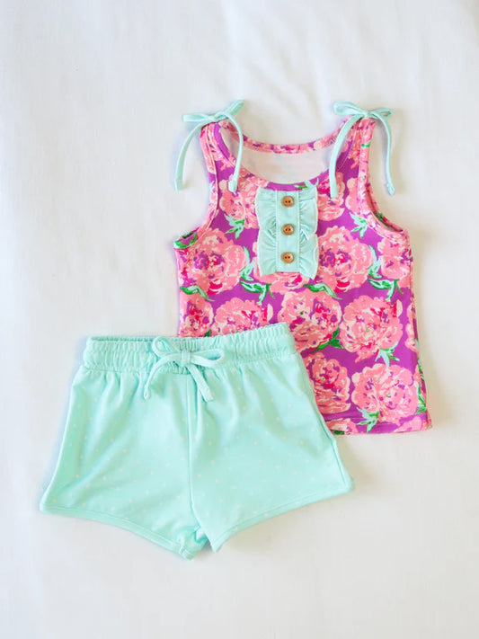 GSSO2356Girls Sleeveless Pink Floral Cotton Top And Shorts Set Cute Summer Clothing Outfit for Kids