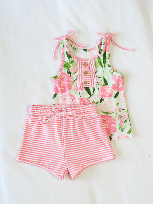 GSSO2357Girls Sleeveless Floral Top And Stripe Shorts Set Pink Comfortable Breathable Children's Clothing Outfit for Summer