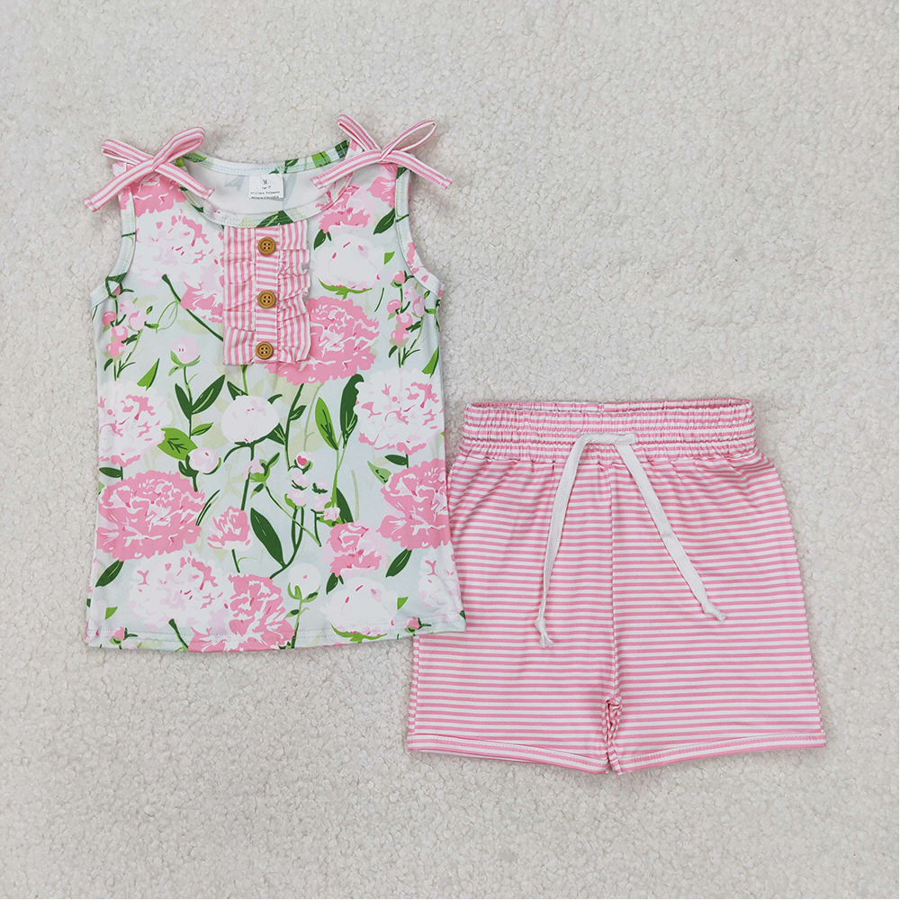 5.16 GSSO2357 RTS NO MOQ Sleeveless pink floral top stripe shorts girls clothing set
