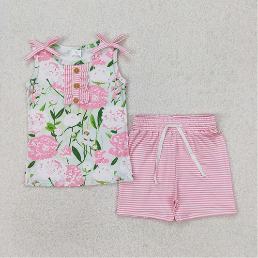 5.16 GSSO2357 RTS NO MOQ Sleeveless pink floral top stripe shorts girls clothing set