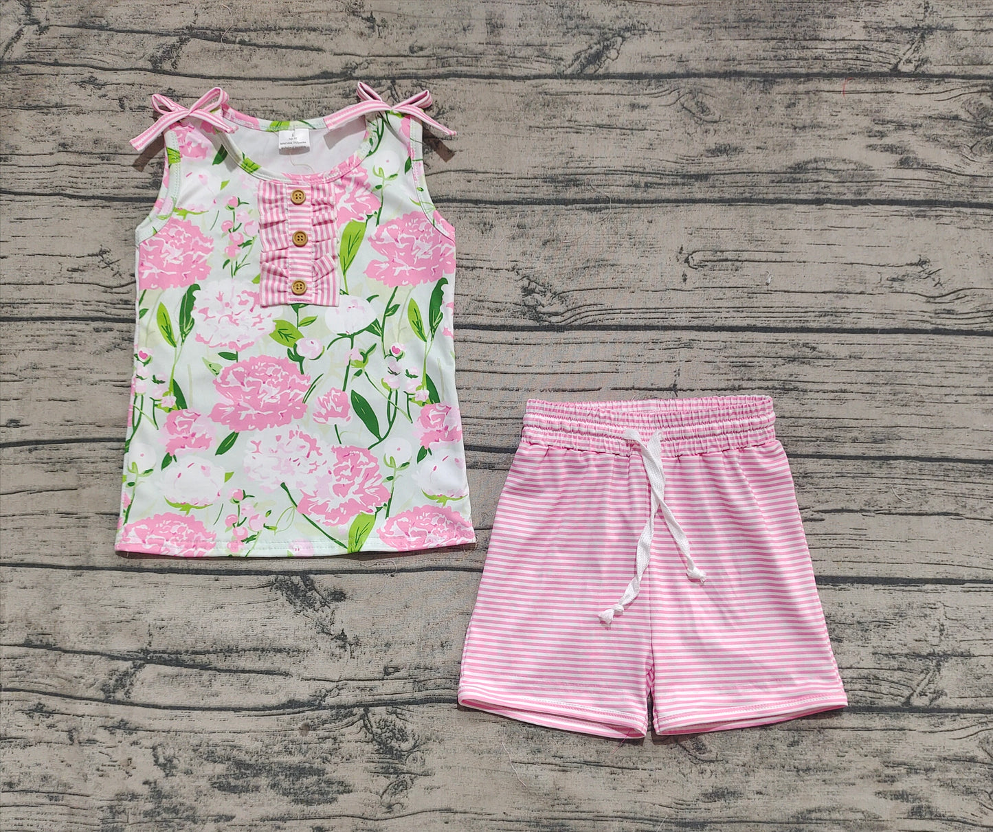 GSSO2357Girls Sleeveless Floral Top And Stripe Shorts Set Pink Comfortable Breathable Children's Clothing Outfit for Summer