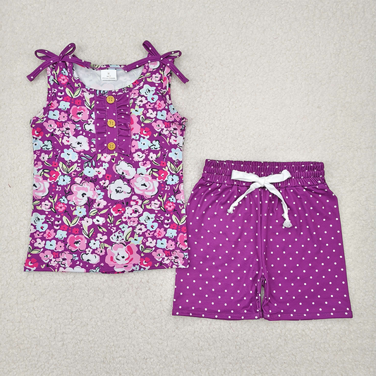 4.11 GSSO2358 RTS NO MOQ Baby Girls Summer Outfits  Sleeveless purple floral top polka dots shorts girls clothes