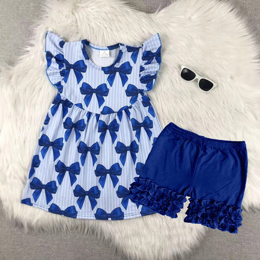 GSSO2359Girls Stripe Blue Bow Tunic Shorts Set with Flutter Sleeves - Cute Casual Outfit for Kids