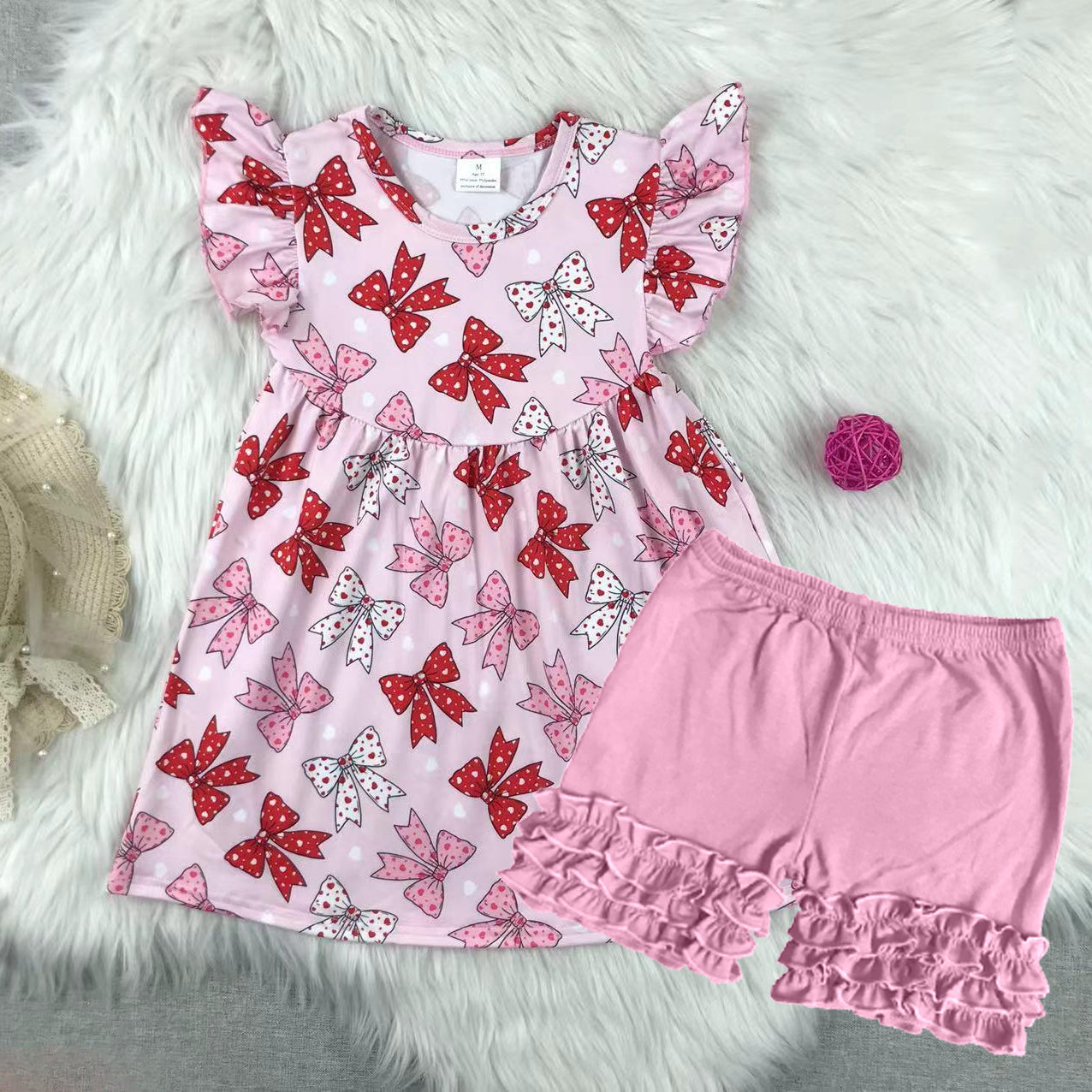 GSSO2360Girls Pink Red Bow Tunic with Flutter Sleeves High Waist Shorts Set Cute Casual Outfit for Kids