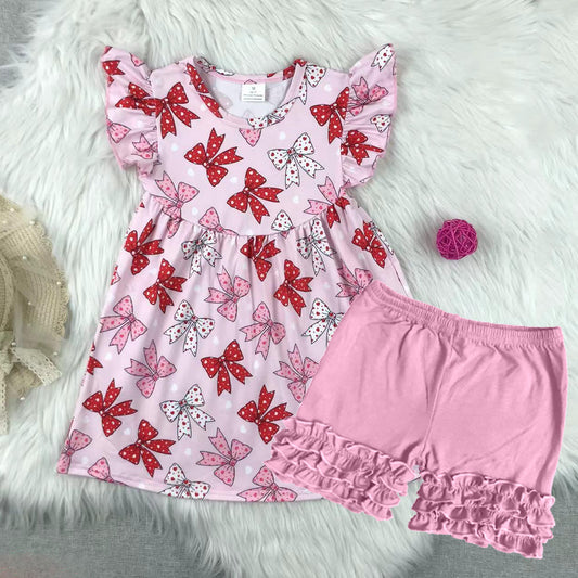 GSSO2360Girls Pink Red Bow Tunic with Flutter Sleeves High Waist Shorts Set Cute Casual Outfit for Kids