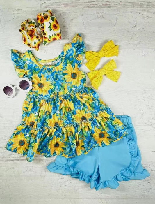 GSSO2361Girls Flutter Sleeve Sunflower Tunic Top with Aqua Shorts Set Summer Floral Print Outfit for Kids