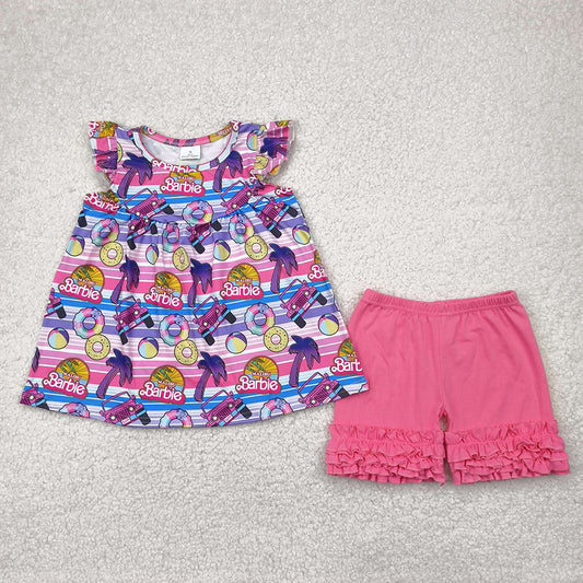 GSSO2362RTS NO MOQ Baby Girls Summer Outfits Girls Beach Ball Tunic with Flutter Sleeves Aqua Shorts Set Party Clothing for Kids