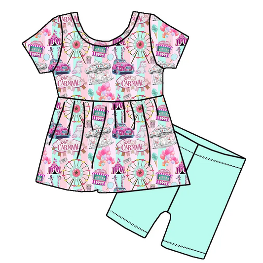 GSSO2363Girls Short Sleeve Ferris Wheel Balloon Tunic Top with Shorts - Cute And Casual Outfit Set for Young Girls