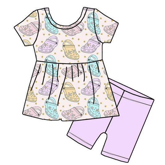 GSSO2364Girls Colorful Sandals Short Sleeve Tunic Shorts Set - Vibrant Summer Outfit for Kids