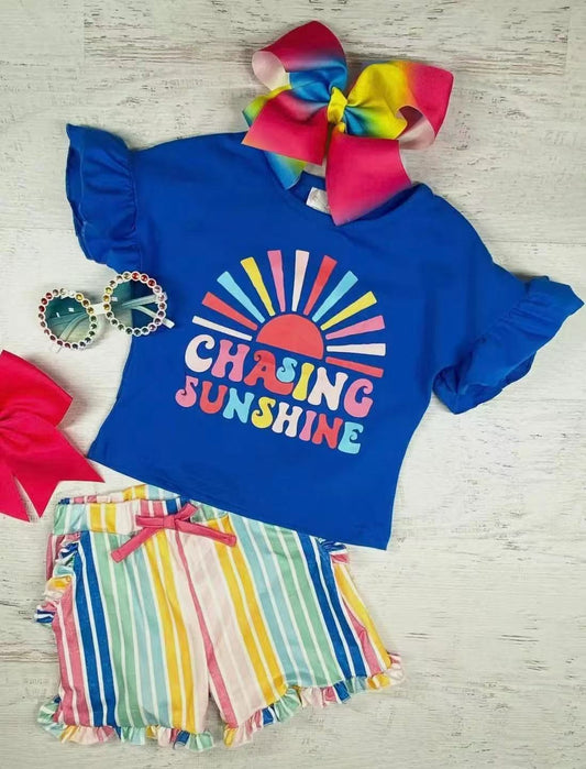 GSSO2365Girls Chasing Sunshine Rainbow Stripe Top Short Set Cute Cheerful Colorful Girls Clothing Set for Sunny Days