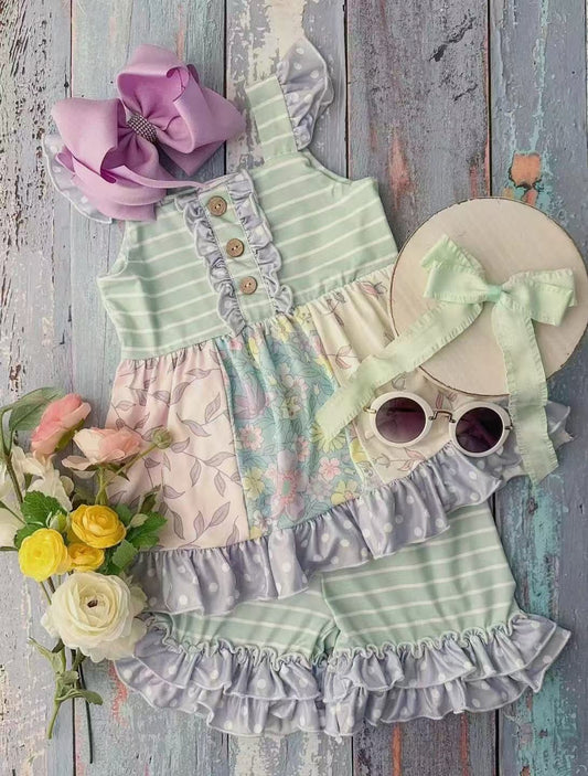 GSSO2366Flutter sleeves stripe floral patchwork girls clothing set