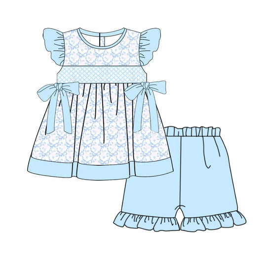 GSSO2367Girls Floral Bow Tunic Top with Flutter Sleeves And Aqua Shorts Set Cute Children's Clothing Outfit for Girls