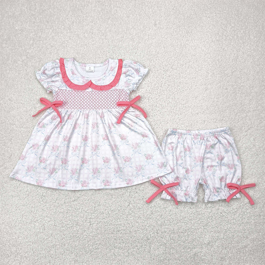 4.09 GSSO2368 RTS NO MOQ Baby Girls Summer Outfits Embroidery Short sleeves floral plaid bow tunic shorts girls clothes