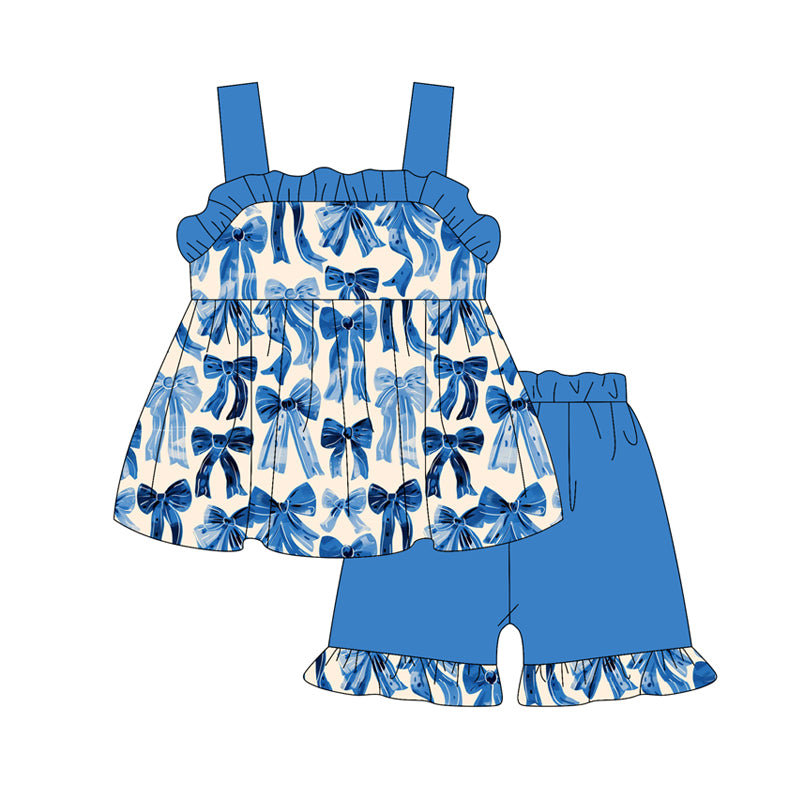 Girls Blue Ruffle Strap Bow Tunic Short Set Cute Straps Top Bottoms Matching Outfit Children's Clothing Set