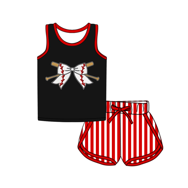 Girls Sleeveless Red Stripe Baseball Top Shorts Set - Comfortable Sportswear for Young Athletes