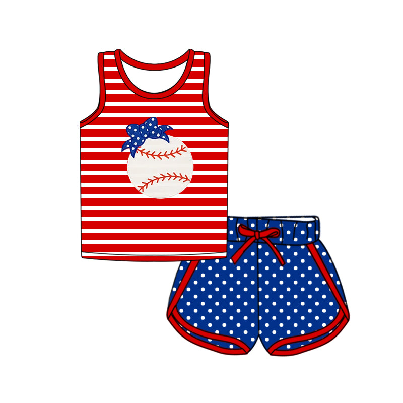 Girls Sleeveless Red Stripe Baseball Top Shorts Set - Comfortable Sportswear for Young Athletes