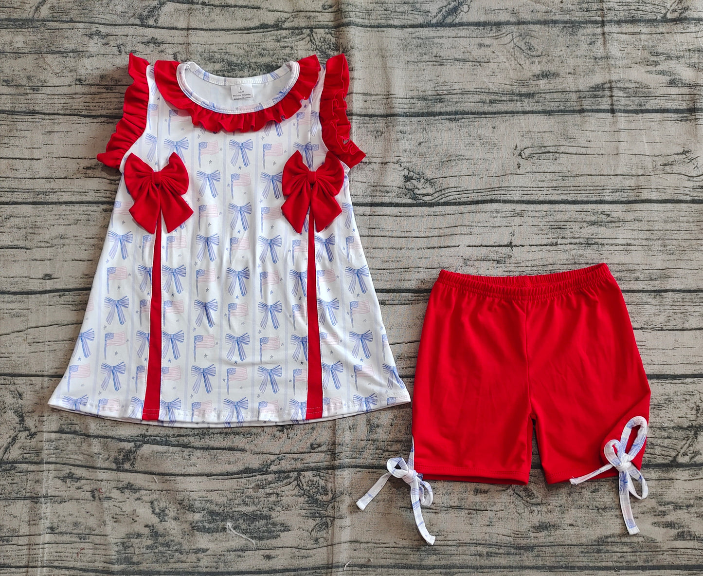 5.20 GSSO2373 Sample 10days Arrived RTS Baby Girls Sleeveless Red Blue Bows Flags Tunic Ruffle Shorts 4th Of July Set