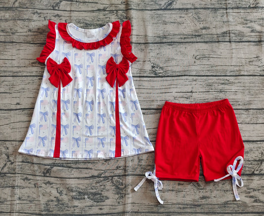 5.20 GSSO2373 Sample 10days Arrived RTS Baby Girls Sleeveless Red Blue Bows Flags Tunic Ruffle Shorts 4th Of July Set
