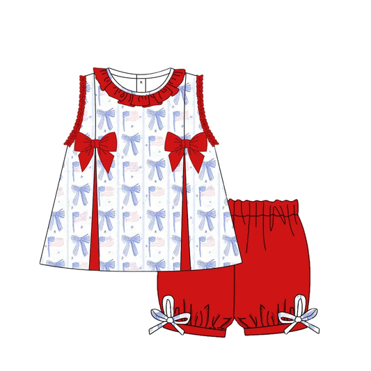GSSO2373Baby Girls 4th of July Outfit Sleeveless Red Blue Bows Flags Tunic Top with Ruffle Shorts Patriotic Summer Clothing Set