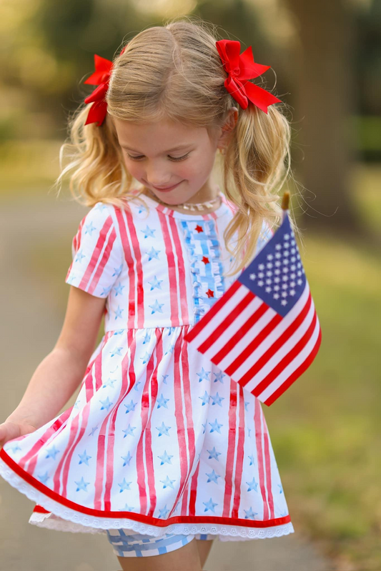 GSSO2374Girls Plaid Shorts And Star-Spangled Tunic Top Short Sleeve 4th of July Outfit for Kids
