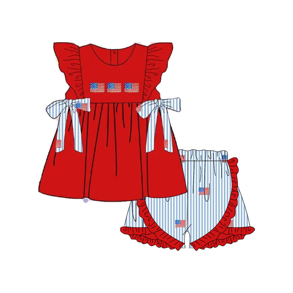 Girls Red Flutter Sleeve Flag Tunic Shorts Outfit for 4th of July Independence Day Patriotic Clothing Set