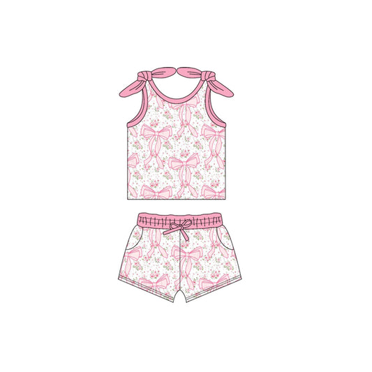 GSSO2376Girls Sleeveless Bow Floral Top And Shorts Set Pink Cute Children's Clothing Outfit for Summer