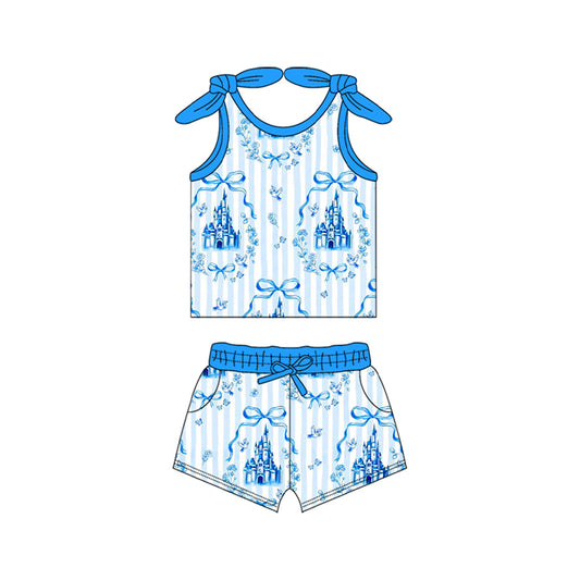 GSSO2377Girls Sleeveless Bow Castle Top with Shorts Cute Clothing Set in Blue Perfect for Summer