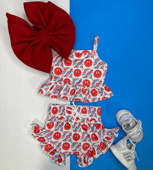 GSSO2378Girls Plaid Smile Straps Top Red Blue 4th of July Clothing Outfit for Kids