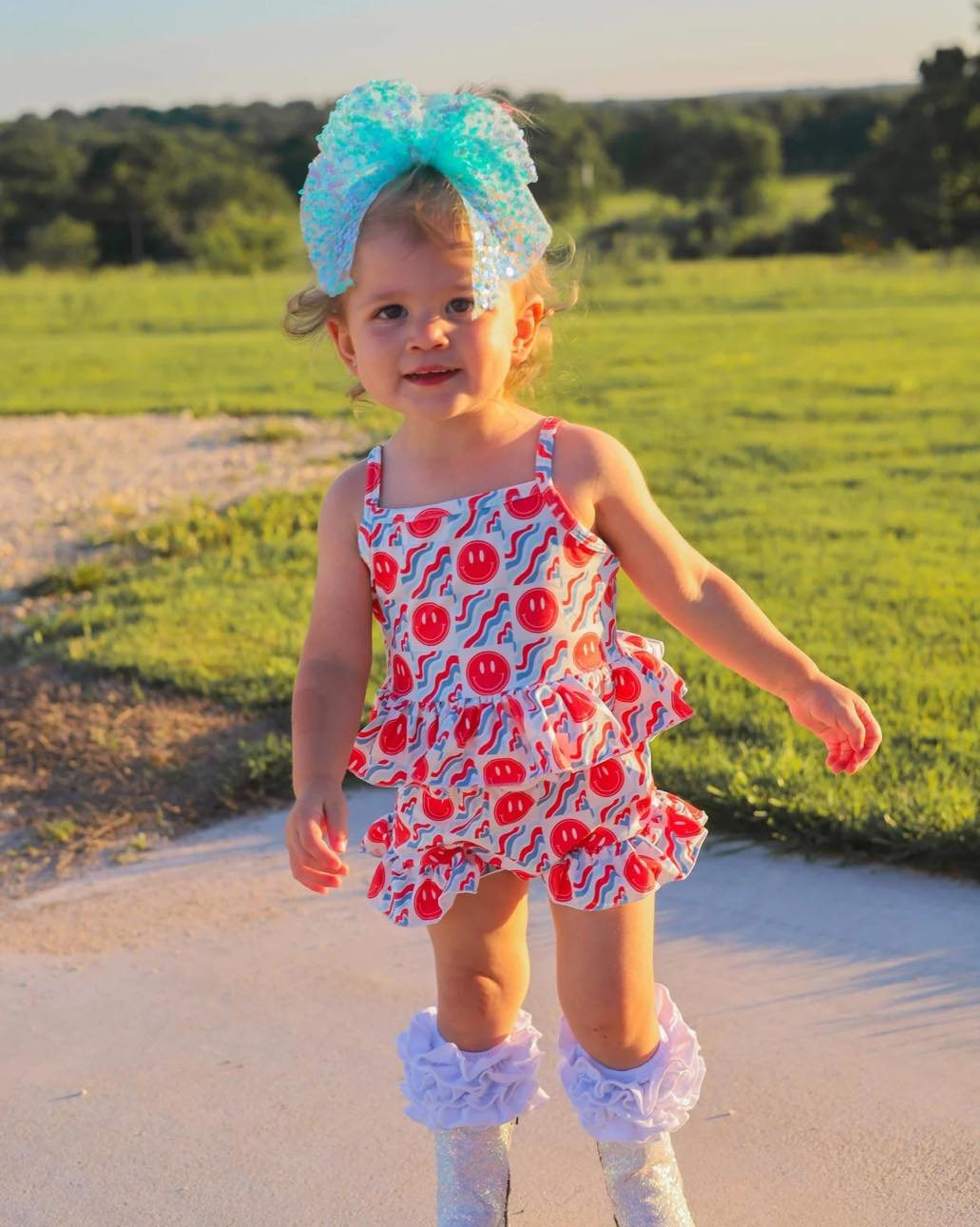 GSSO2378Girls Plaid Smile Straps Top Red Blue 4th of July Clothing Outfit for Kids