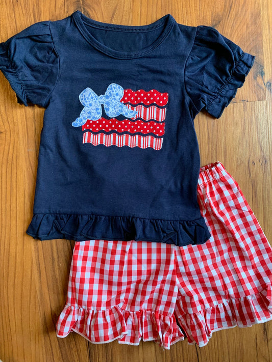 GSSO2379Girls Floral Bow Flag Top Plaid Shorts Outfit for 4th of July Patriotic Clothing Set